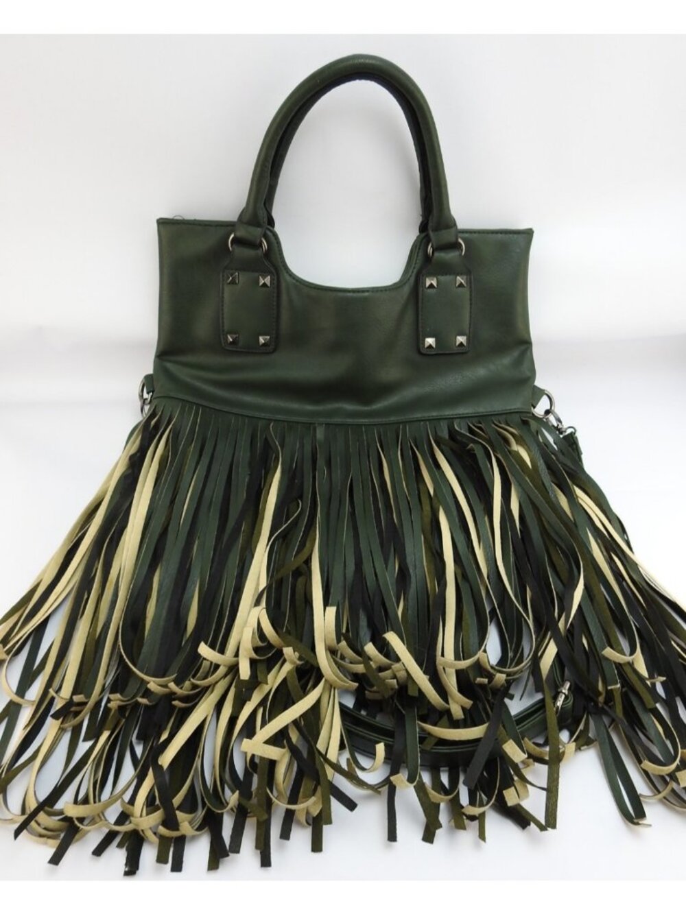 Kiss Me Couture Green Fringe Tote Shoulder Bag Boho Western Crossbody Purse - Picture 4 of 9